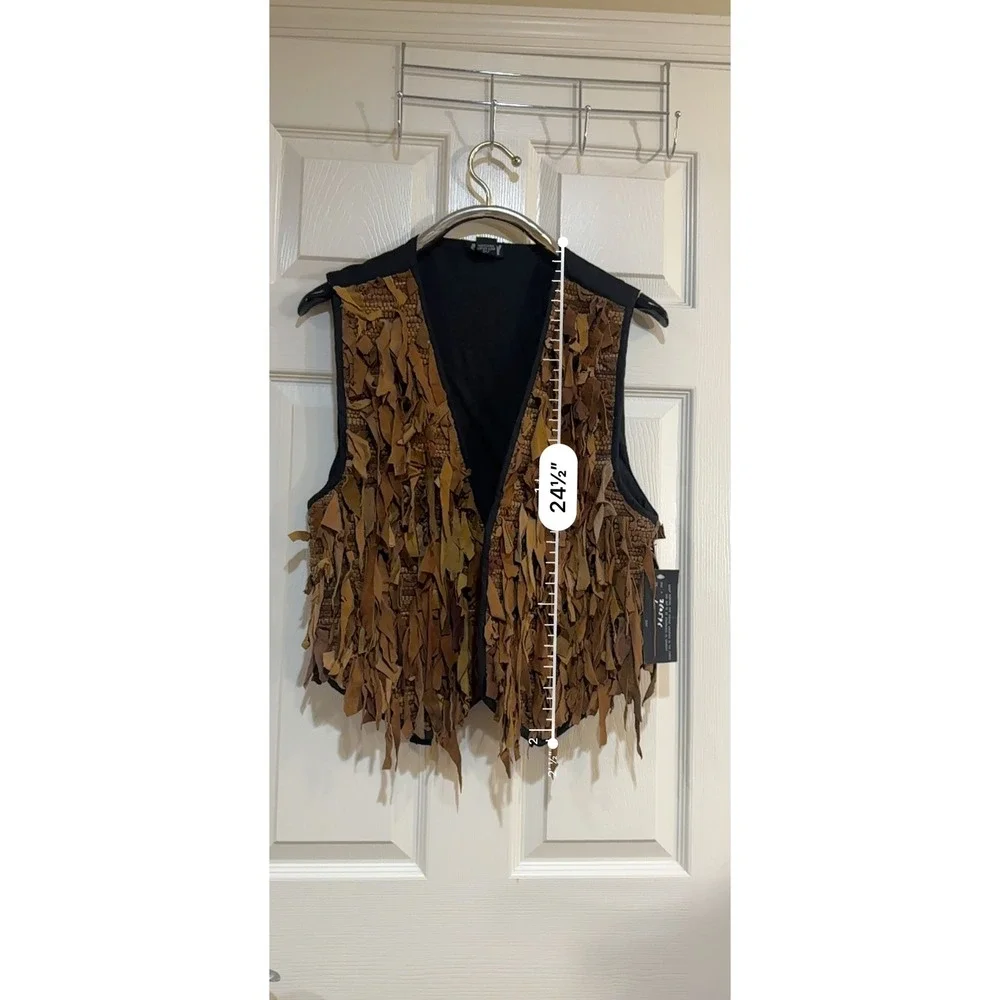 AJNY Mens Brown Shaggy Raw Edge Genuine Leather Vest Boho Western Large NWT‎